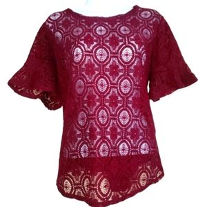 NWOT LOFT burgundy purple sheer mosaic lace blouse top Womens Medium